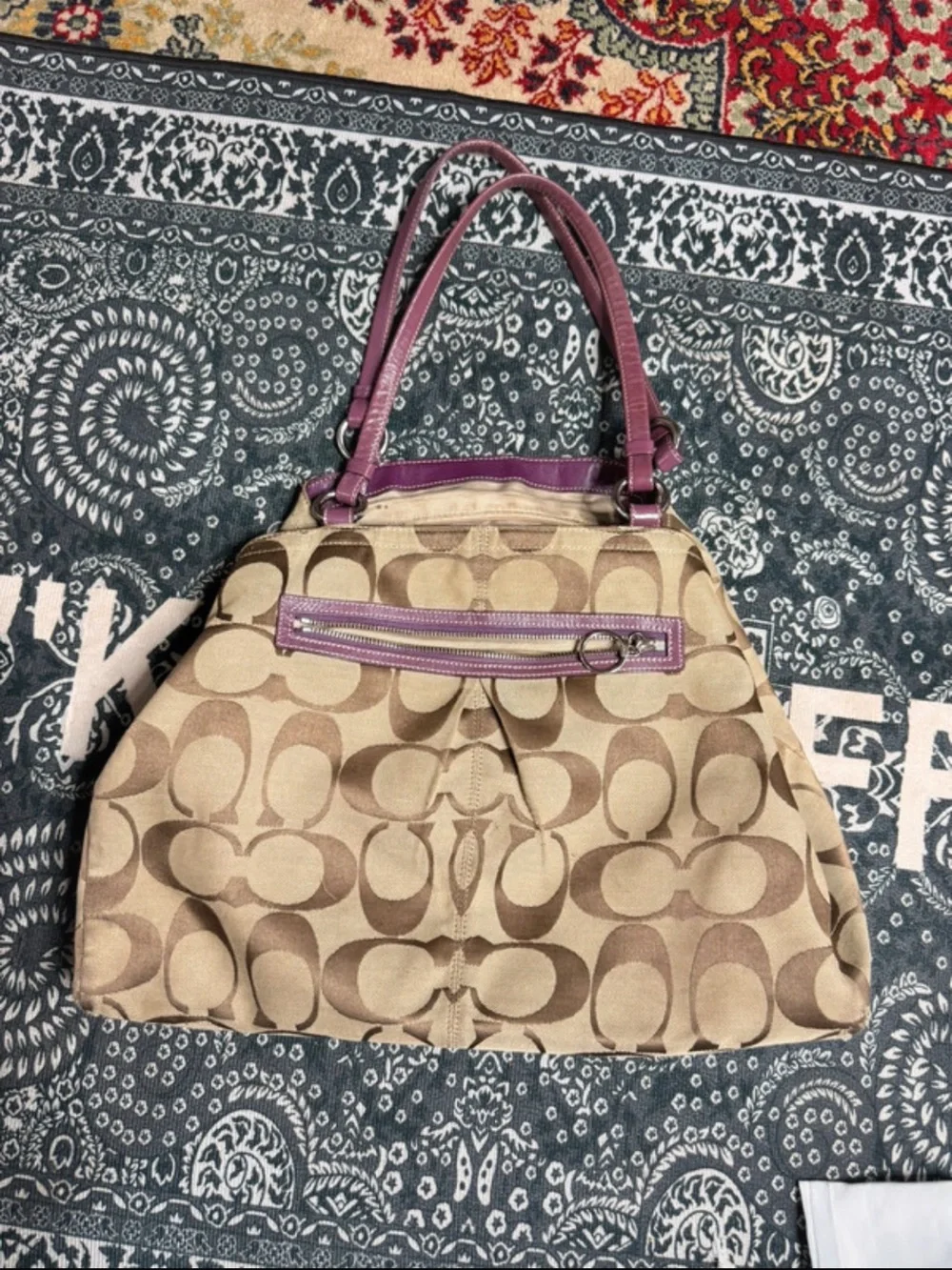 Coach Beige Signature Canvas Tote with Purple Leather Trim